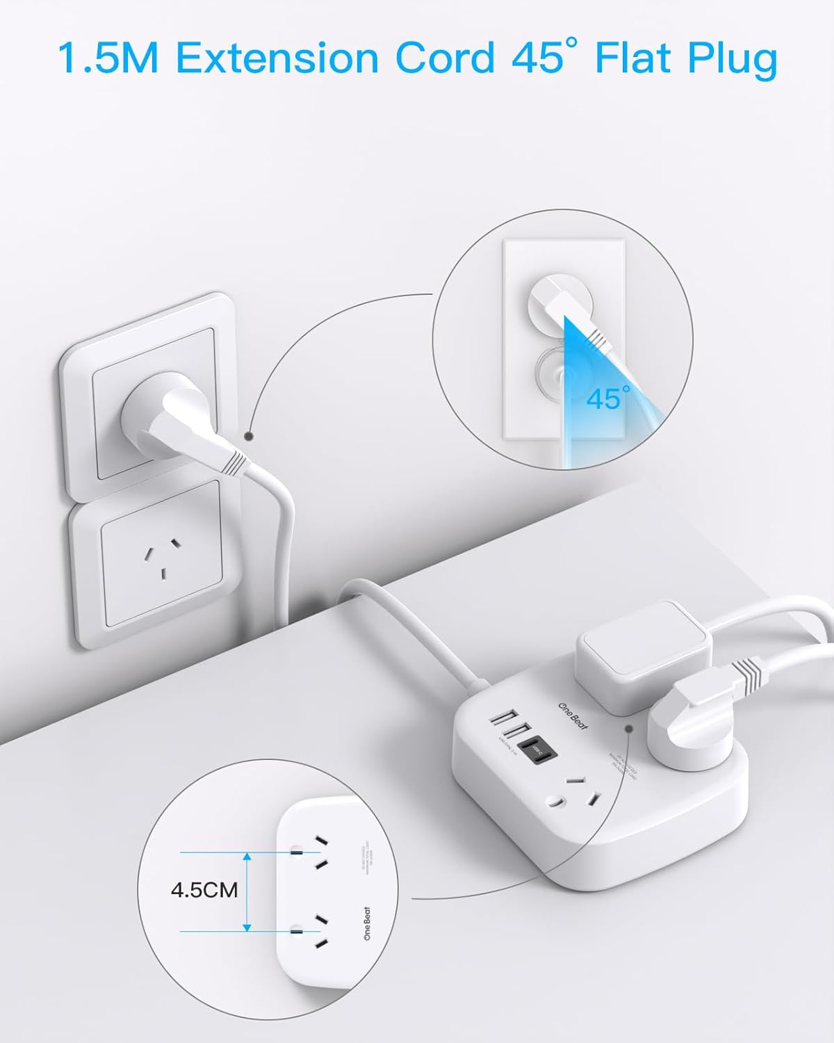One Beat Power Board with Usb,Travel Power Strip with 3 AC Outlets,2 USB a and 2 USB C Ports,1.5M Flat Extension Cord,No Surge Protection Cruise Ship Essentials for Office,Home,Travel,Cruise image number 6