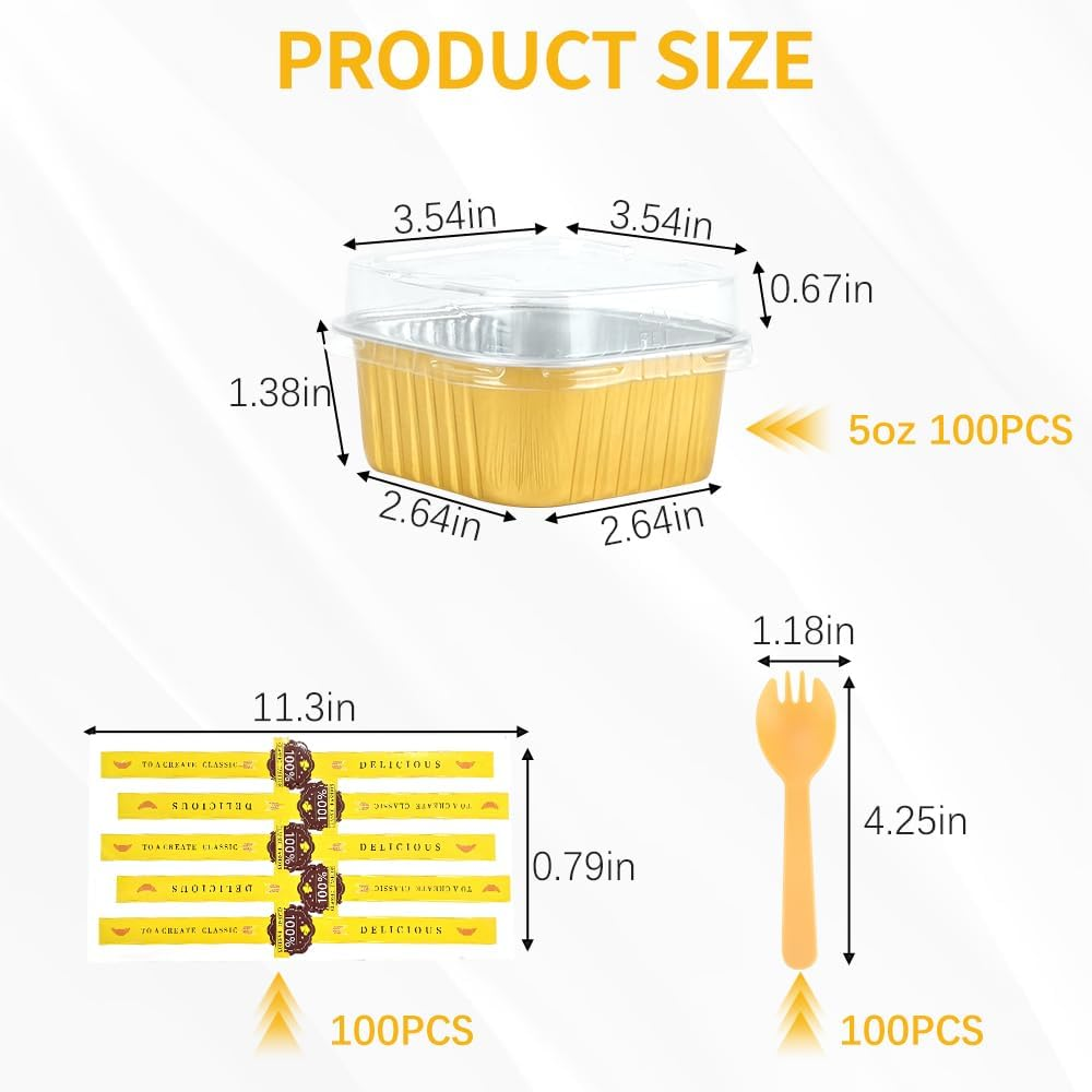 RETON 100 Pcs Mini Square Cake Pans with Lids and Sporks Stickers, 5Oz Aluminum Foil Ramekins Baking Cups, Individual Cupcake Containers for Brownies Dessert Party Wedding Birthday (Gold) image number 2