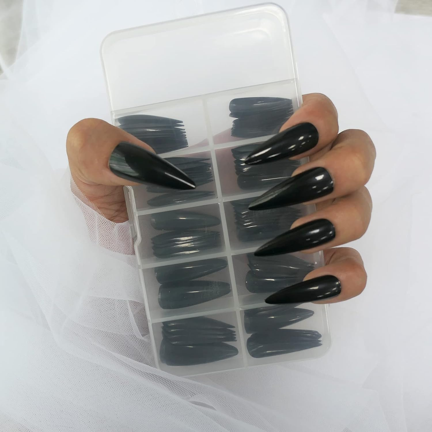 Lifextol Glossy Fake Nail 100Pc Full Cover Acrylic Black Long Stiletto Press on Nails Art Tips False Nail for Beginner Women and Girls Manicure(Black) image number 1