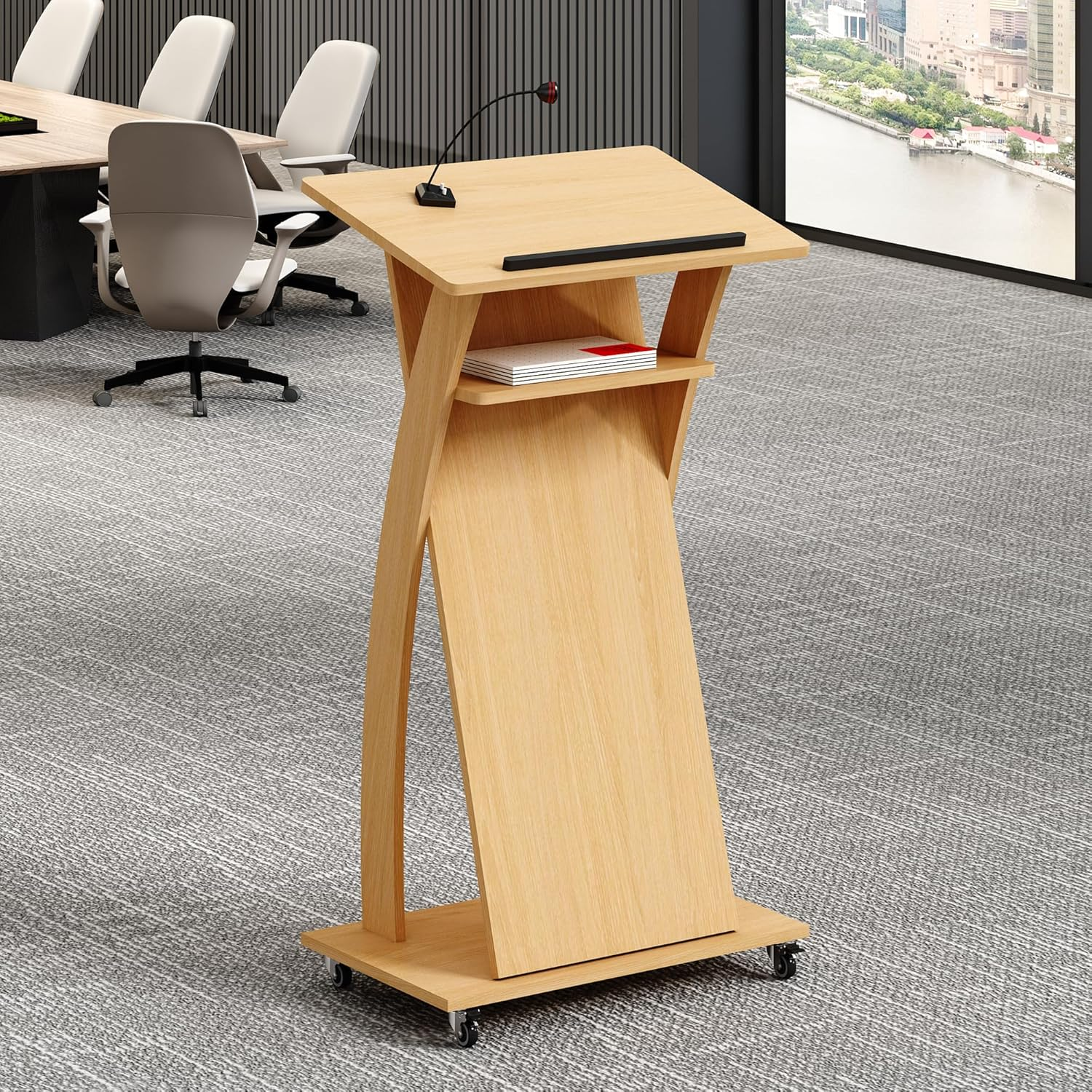 Xibolai Wooden Podium Stand Wheeled Lectern Oak Color 16MM Wood Board Elegant Design with Storage Wooden Pulpit for Restaurants Churches Seminars and Schools image number 2