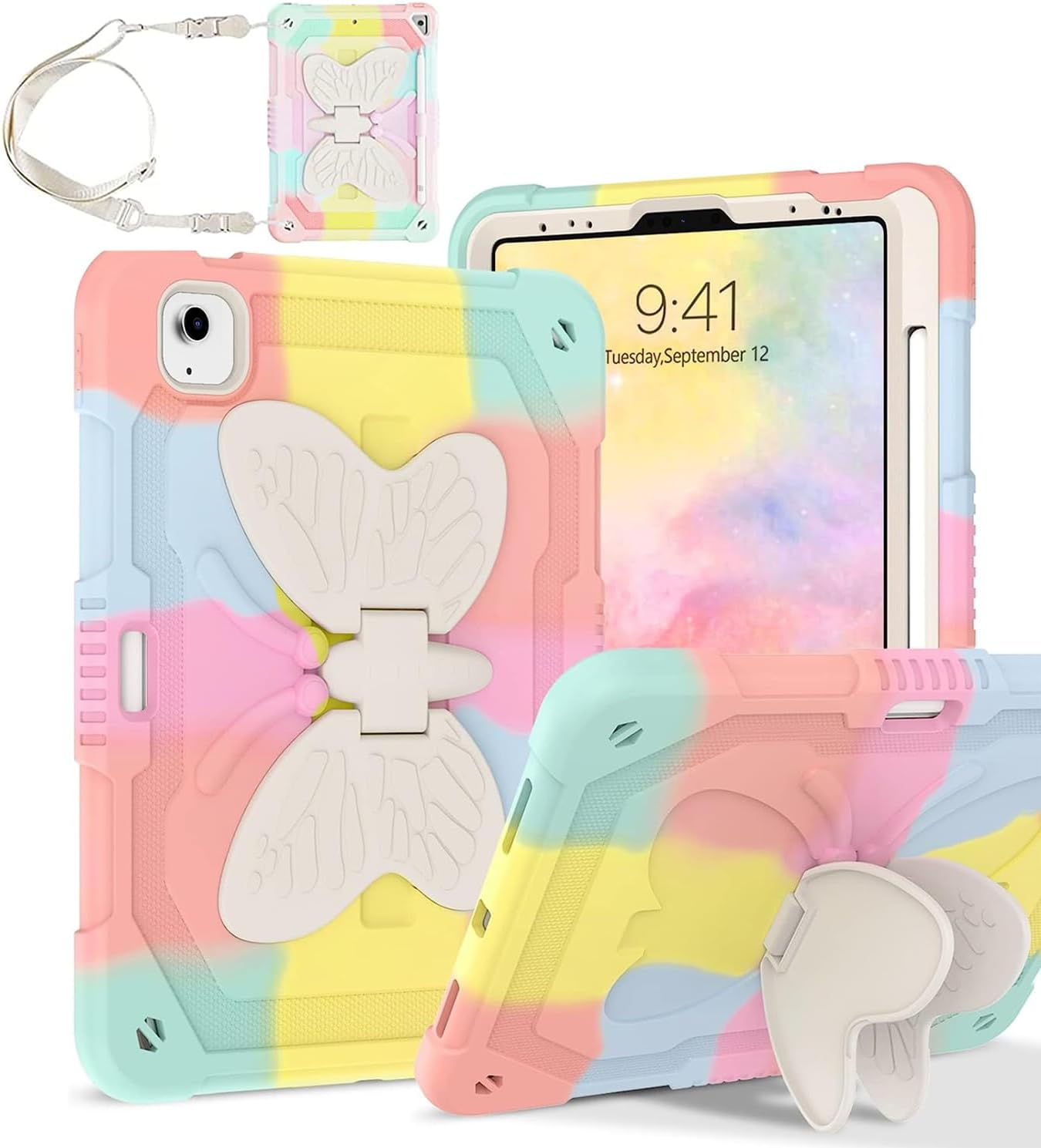AVAKOT Ipad Air 11 Inch Case 2024 with Butterfly Wings Kickstand Pencil Holder, Ipad Air 6Th Generation 11 Inch Case Kids Girls Heavy Duty Hard Rugged Protective Cover for Ipad A2899/A2900-Rainbow