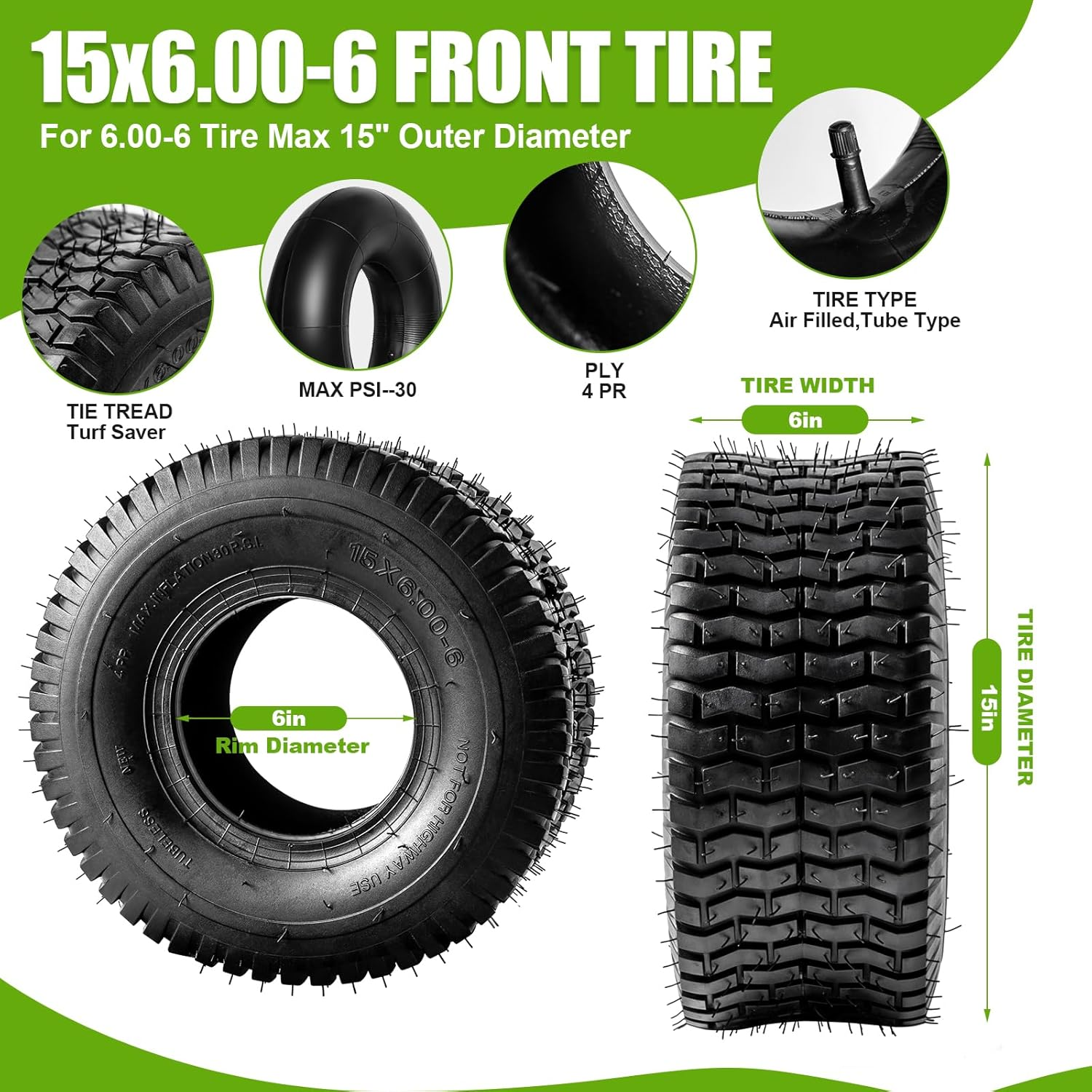2 Pack 15X6.00-6 Tire and Inner Tube Set TR-13 Straight Valve Stem Natural Rubber 4 Ply with Tube 400 Lbs Capacity Replacement Riding Mower Front Wheel Assembly image number 5