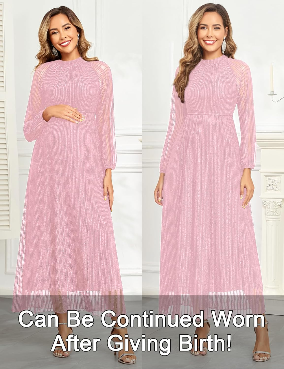 Maternity Sparkly Dress Halter Neck a Line Long-Sleeve Raglan Pregnancy Dresses Semi Formal Baby Shower Photoshoot