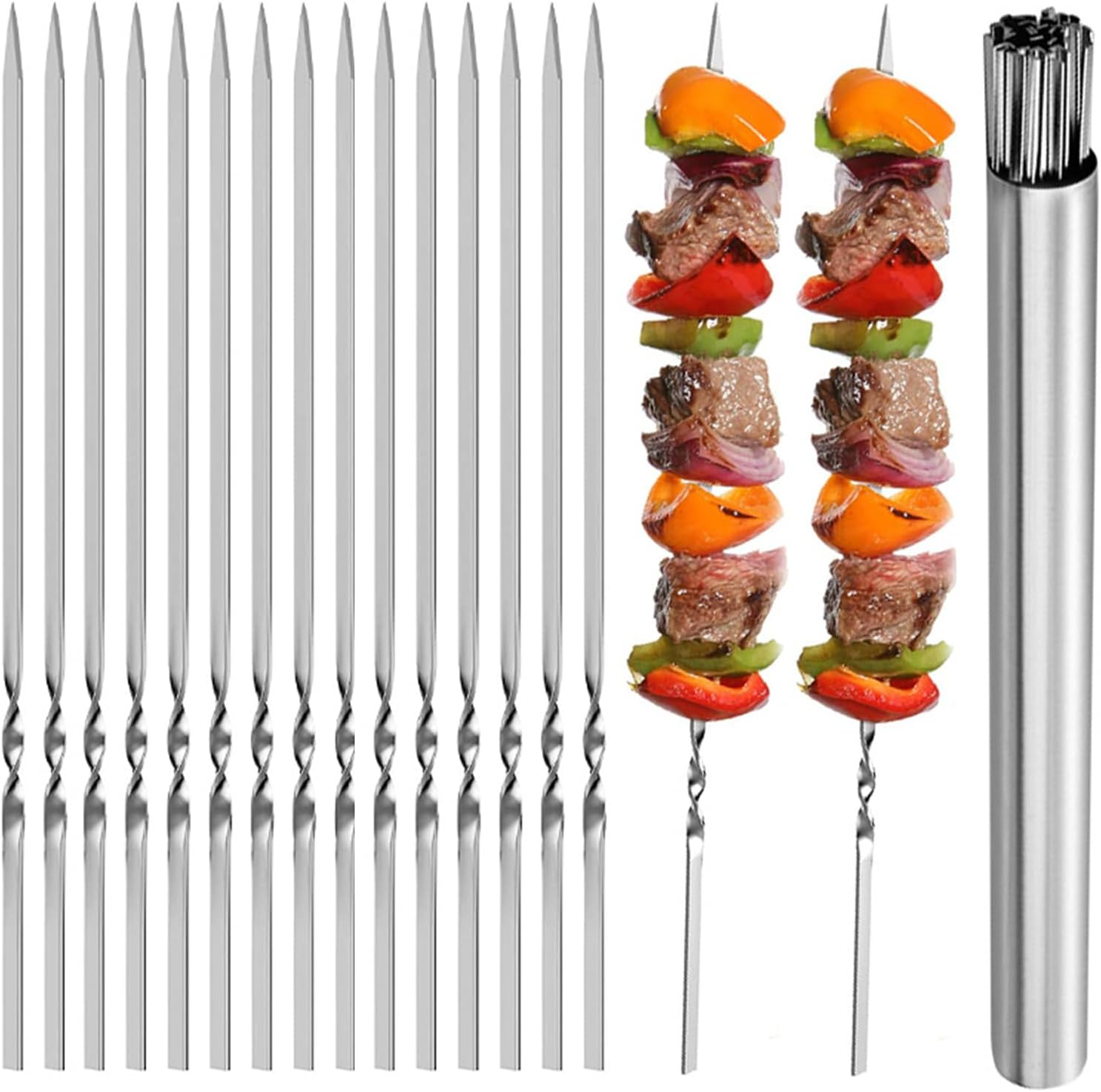 40 Pcs Stainless Steel Barbecue Skewers, Reusable Flat Needle BBQ Tools Kebab Stick,Food-Grade & Dishwasher Safe Kebab Skewers for Meat, Veggies & Shrimp(With Storage Tube) image number 4