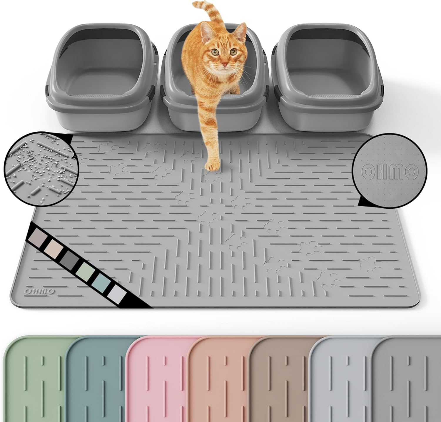 OHMO Cat Litter Mat Large Trapping Mat Premium Silicone Rubber 31.5X23.6" Ash, Waterproof and BPA Free Kitty Litter Box Mat, Easy to Clean and Keeps the Floor Tidy