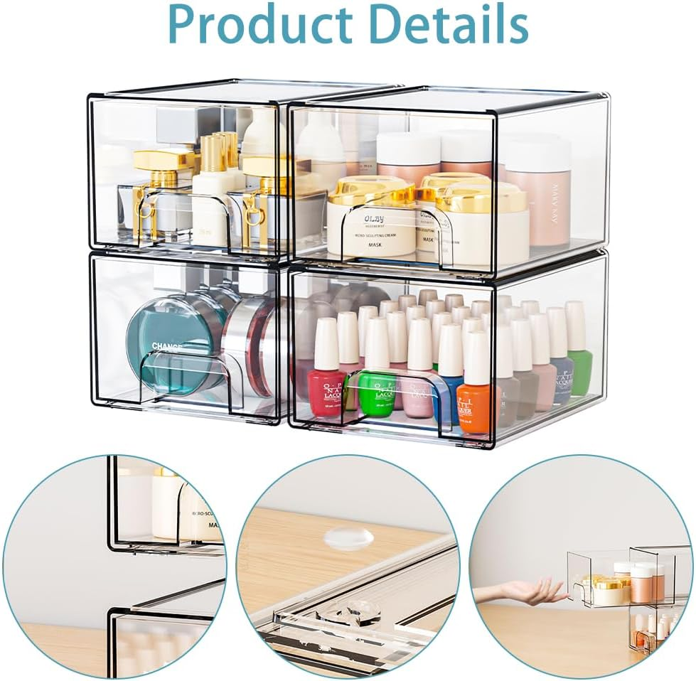 4-Pack Transparent Stackable Storage Boxes, Bathroom Cosmetic Storage Boxes, Drawer-Type Desktop Box, Dust-Proof, Large Capacity, for Dressing Tables, under Sinks, Kitchen Cabinets, Pantry, Home image number 1