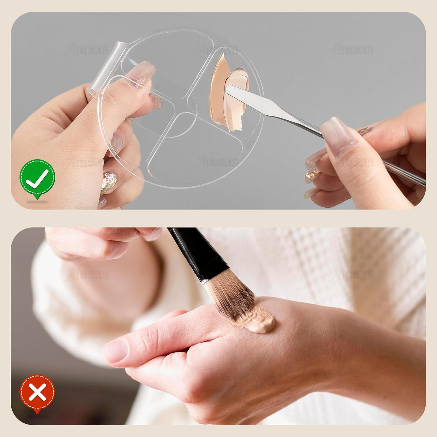 AUEAR, 2 Pack Hand Makeup Mixing Palette Handheld Clear Cosmetic Nail Art Manicure with Pieces Spatula for Foundation image number 6