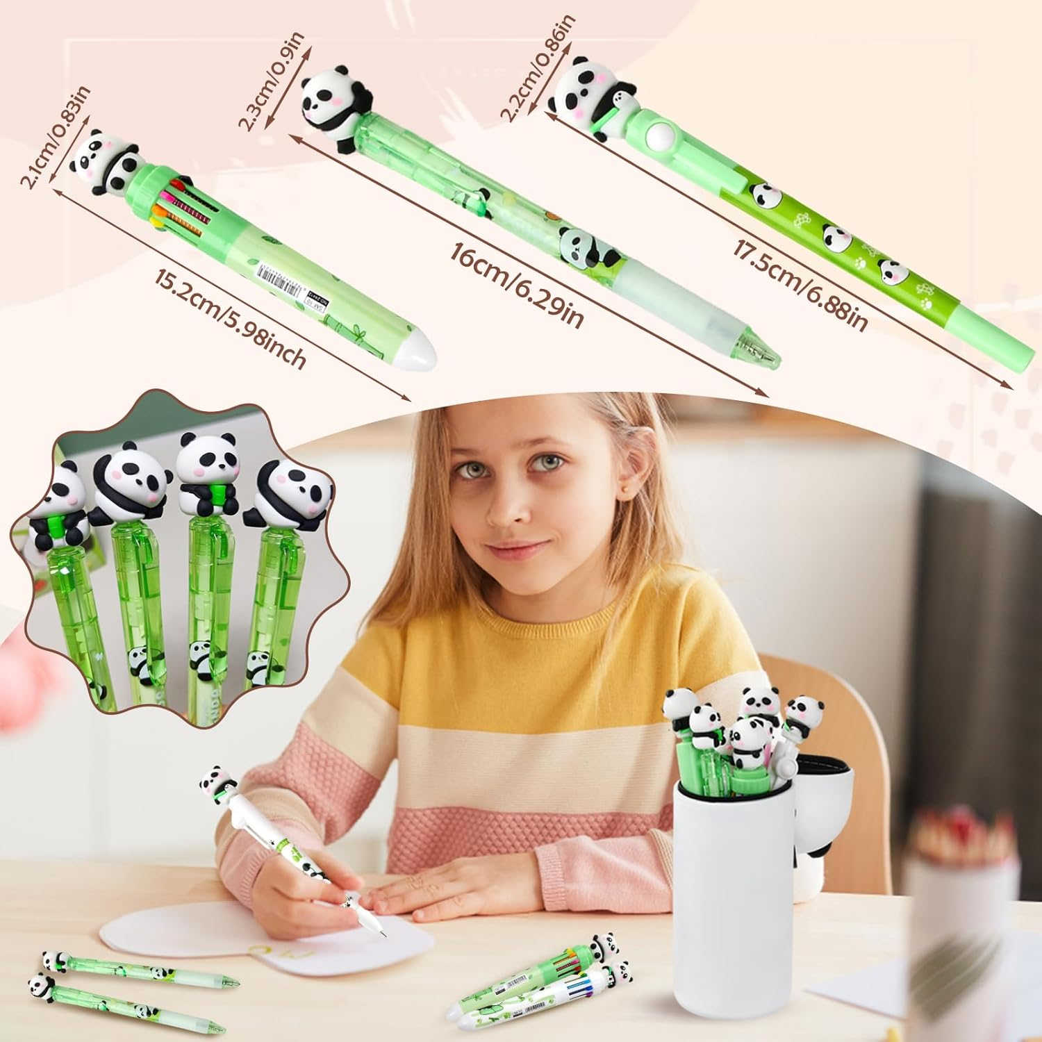 Panda Stationery Set with Pencil Case, 3 Gel Pens with Black Ink, 2 Ballpoint Pens in 10 Colours, 2 Blue Erasable Gel Pens, 2-In-1 Cute Pencil Case, Stand up Pencil Case image number 4