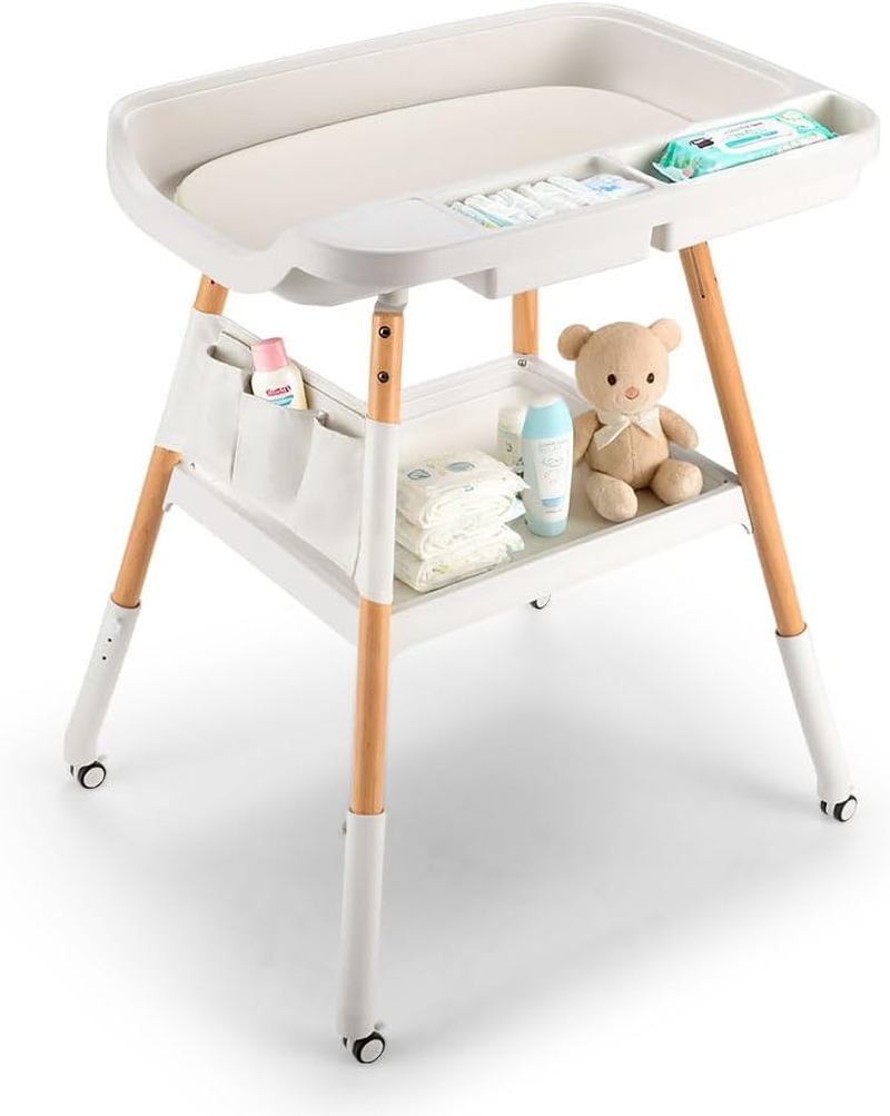 Playpals Baby Change Table with Wheels, Adjustable Height Changing Table with Waterproof PU Pad & Nursery Organizer, Beech Wood Mobile Nursery Diaper Changing Station for Baby Newborn