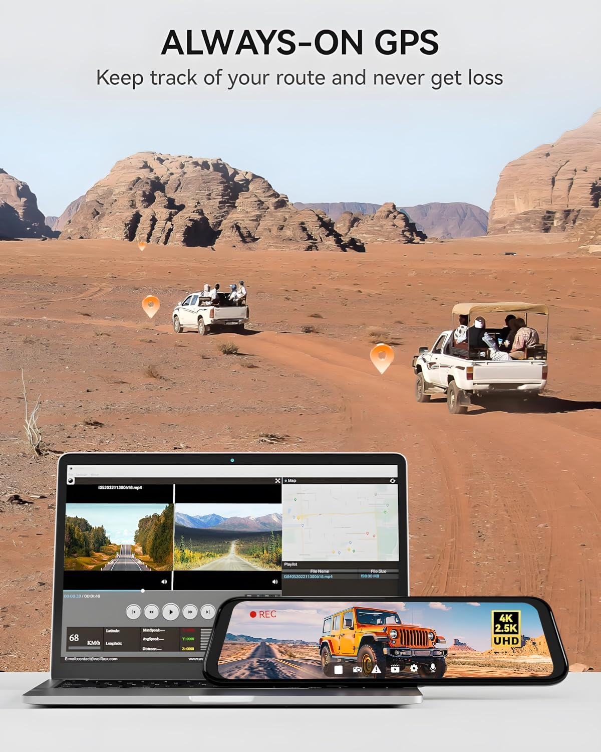 WOLFBOX 12" Rear View Mirror Dash Cam, 4K Mirror Dash Cam with 2.5K Rear Camera, Smart Full Touch Screen Backup Camera for Car, Dash Cam with WDR Camera,Night Vision,Free 64GB Card & GPS image number 1