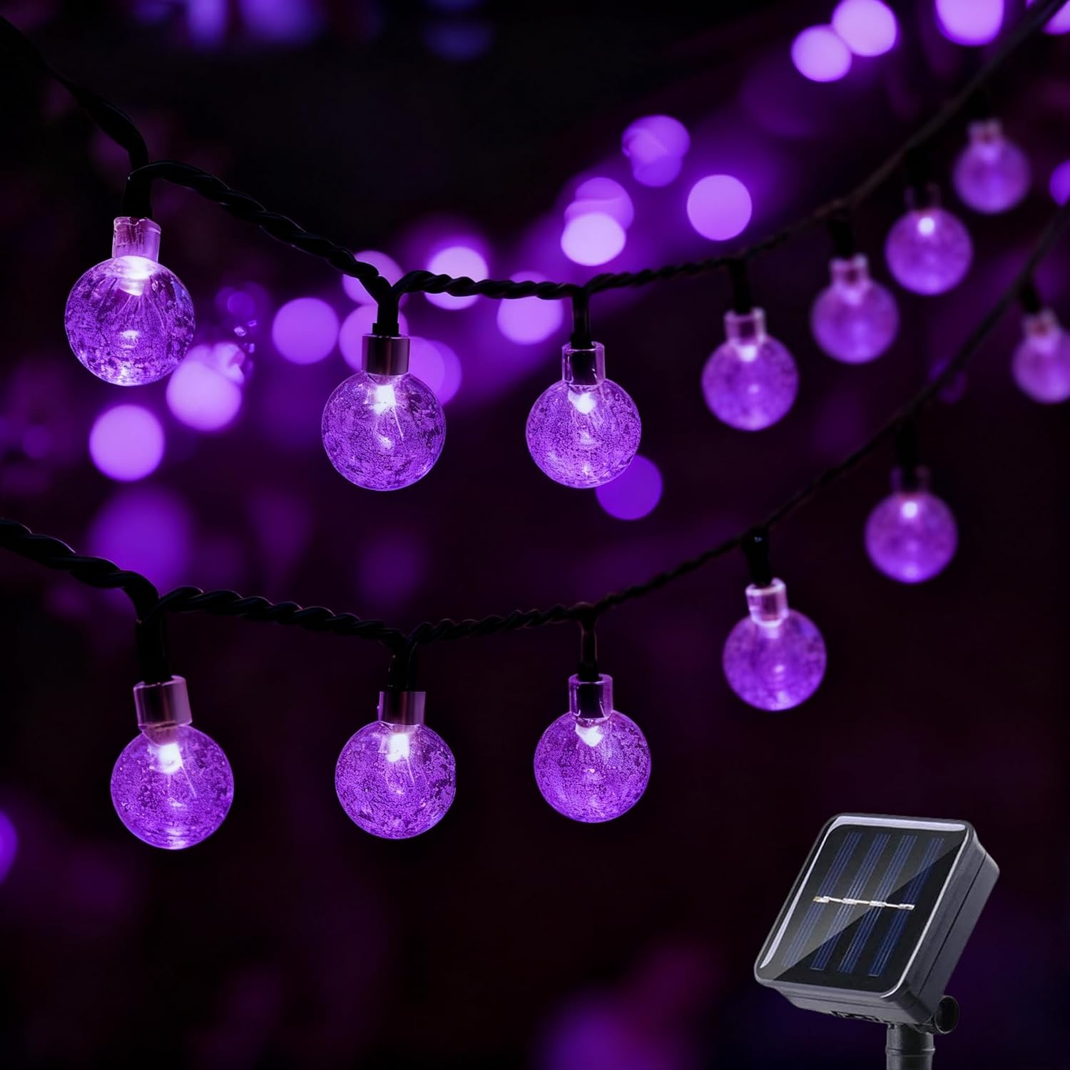 20 LED Decorations Crystal Globe Solar String Outdoor Lights with 8 Lighting Modes Waterproof Solar Powered Patio Hanging Light for Garden Yard Porch Wedding Party Decor(Purple)