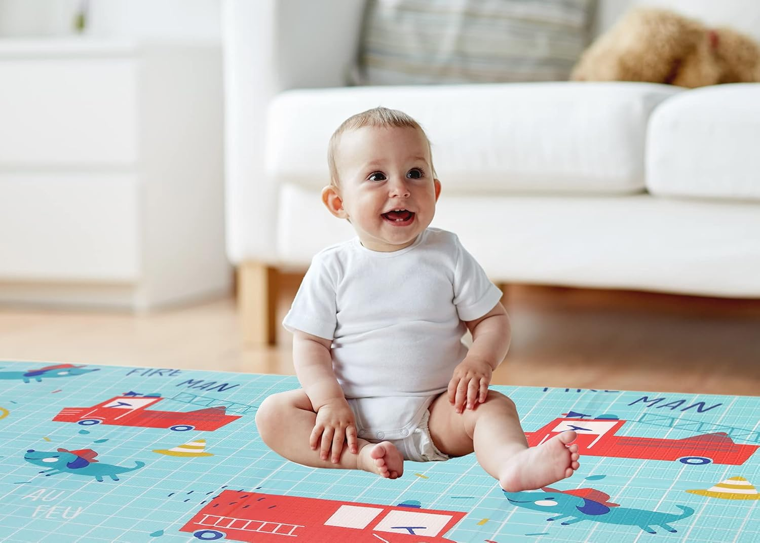 Baby Play Mat & Gym Mat Large XPE Foam Kids Playmat Soft Waterproof Padded Floormat 2Mx1.5M Foldable Reversible Also Suitable as Rug for Playpen with Free Storage & Travel Carry Bag; Fire Engine Design on 1 Side and Road Track Design on the Flip Side image number 2