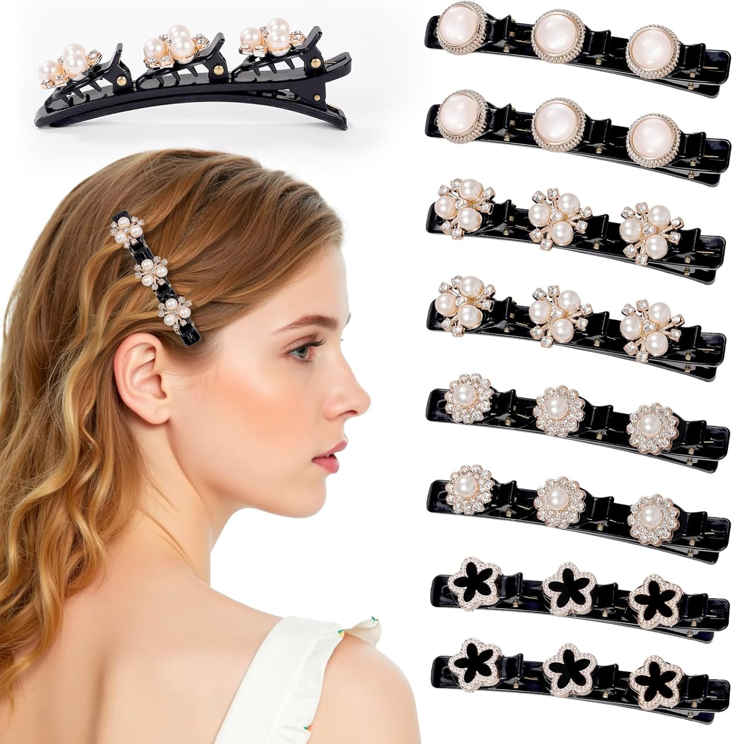 JSRQT 8Pcs Elegant Pearl Braided Hair Clips, French Duckbill Hairpin for Women Girls, Double Layer Design Bangs Clip Hair Slides with 3 Mini Hairpins, Fashion Barrettes Accessories, 4 Styles image number 1