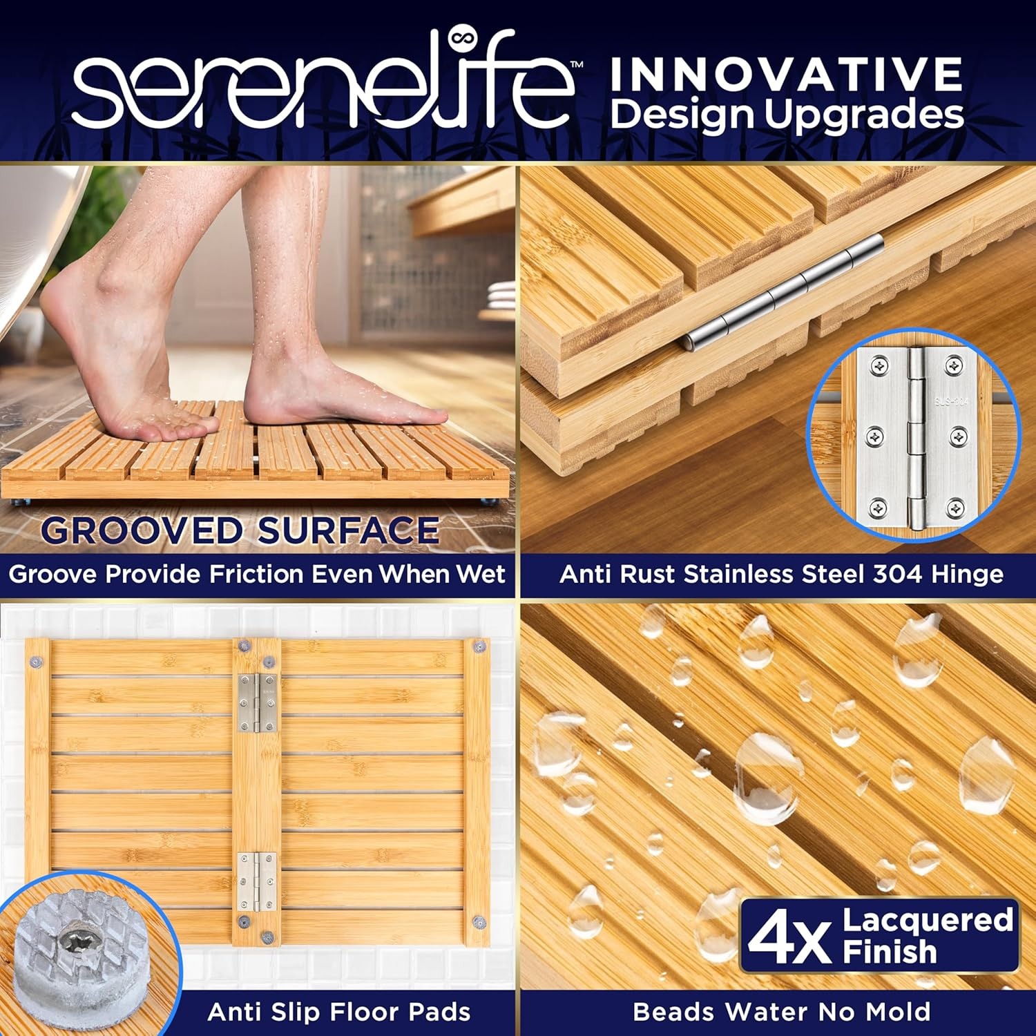 Serenelife Foldable Bamboo Bath and Shower Mat, Non-Slip Floor Mat for Bathroom, Sauna, Spa - Dual Non-Slip Surfaces, Withstands up to 300Lbs Weight, Easy Storage - Natural image number 1