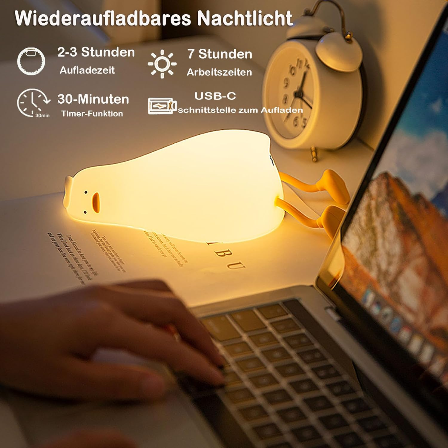 LED Lying Flat Duck Night Light 3 Level Silicone Dimmable Kawaii Nursery Nightlight Cute Light up Duck Rechargeable Bedside Touch Lamp for Breastfeeding Birthday Xmas Gift SH0048 image number 5