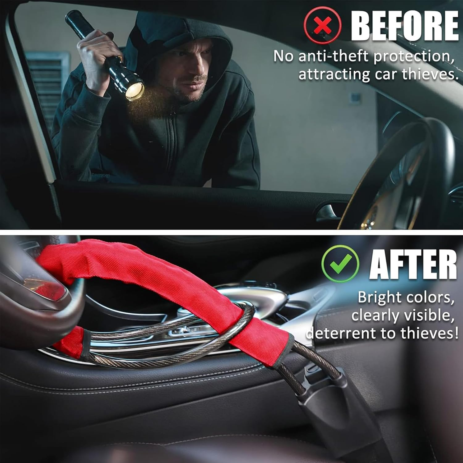 Car Steering Wheel Lock, Universal Anti-Theft Device with 3 Keys, Seat Belt Lock, Heavy-Duty Car Security, Fits Most Vehicles, Suvs, and Golf Carts (Red) image number 4