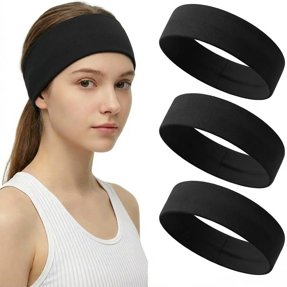 3 Pack Wide Headbands for Women Men - 6Cm Stretchy Sweatband, Non-Slip Soft Sports Head Band for Running Gym Yoga Workout Fitness image number 2