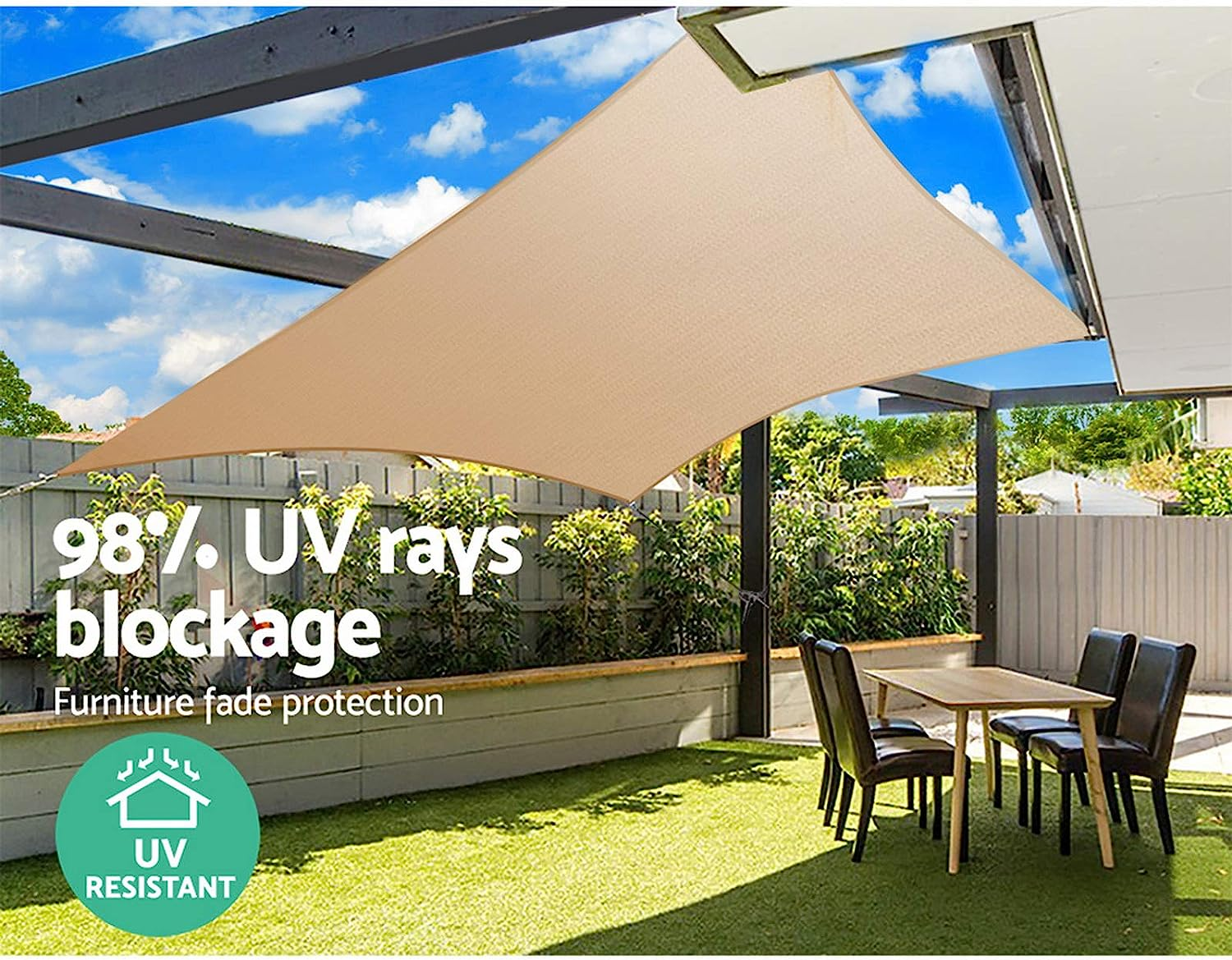 Instahut Shade Sail Square 5 X 5M Sunshade Cloth Shadecloth Sun Block Outdoor Marquee Canopy Shelter Cover for Beach Pool Patio Backyard Lawn Garden Carport Fence Greenhouse, Beige 98% UV Blockage image number 3