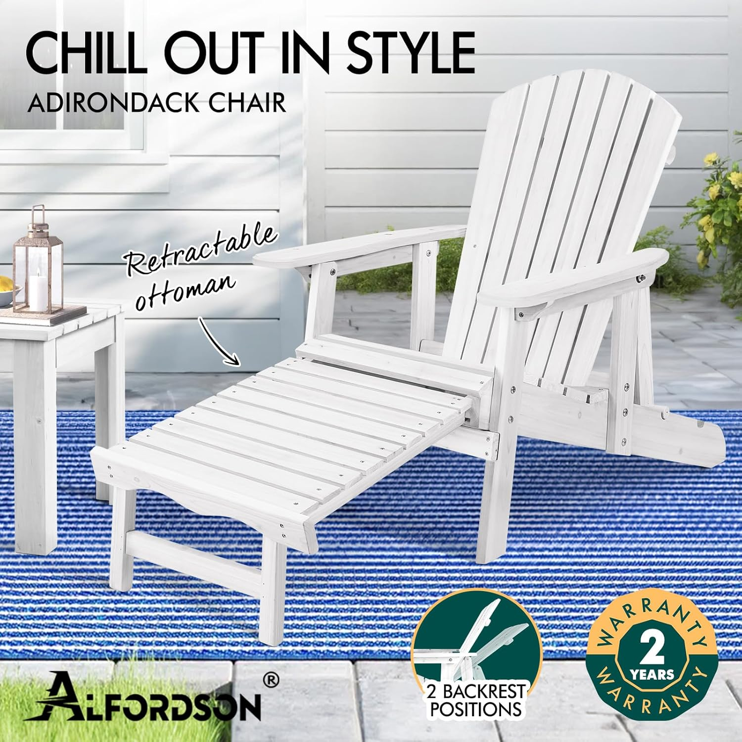 ALFORDSON Wooden Muskoka Adirondack Chair for Outdoor, Fir Wood Lawn Outdoor Muskoka Furniture for Patio Garden Park Porch, Slatted Design Armchair Lounge with Footrest, 180Kg Max White Color image number 5