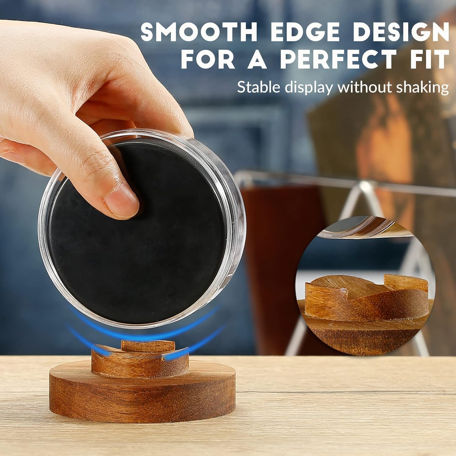 Jupdec Hockey Puck Display Case Acrylic Clear Holder with Wood Base, Autograph Souvenir Display Stand, Perfect Showcase for Your Collection, Brown, 1 Pack image number 3