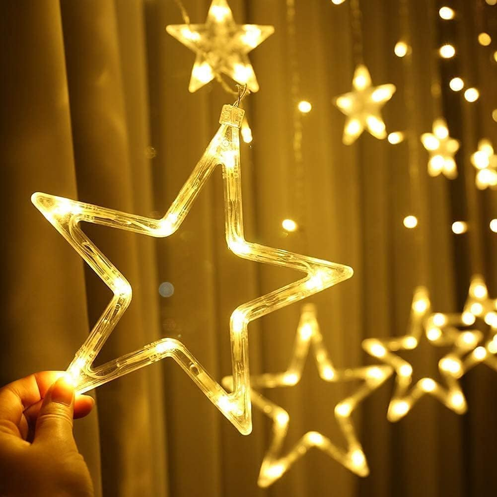 Quntis Christmas Fairy Lights - 138 LED 12 Star Connectable Curtain Window Lights with 8 Mode Indoor Waterfall Light Hanging Backdrop for Bedroom Wedding Party Wall Decoration, Warm White image number 6