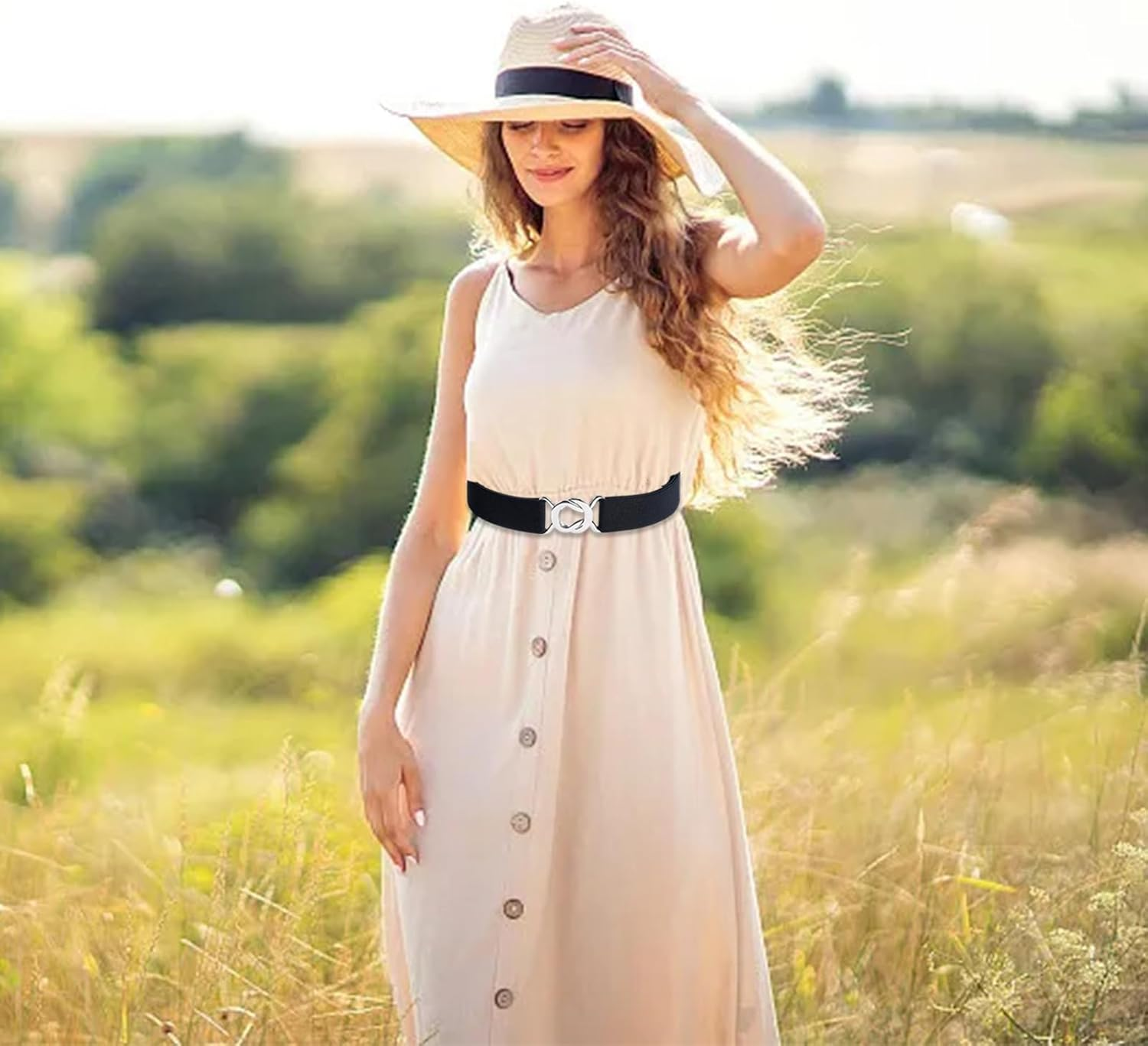 Ladies Elasticated Belt for Women, Black Stretch Belts for Women Jeans, Adjustable Stretch Elastic Waist Belt Women, No Show Stretch Thin Belt for Dress Jeans, Skinny Waist Belt Simple Style, image number 2