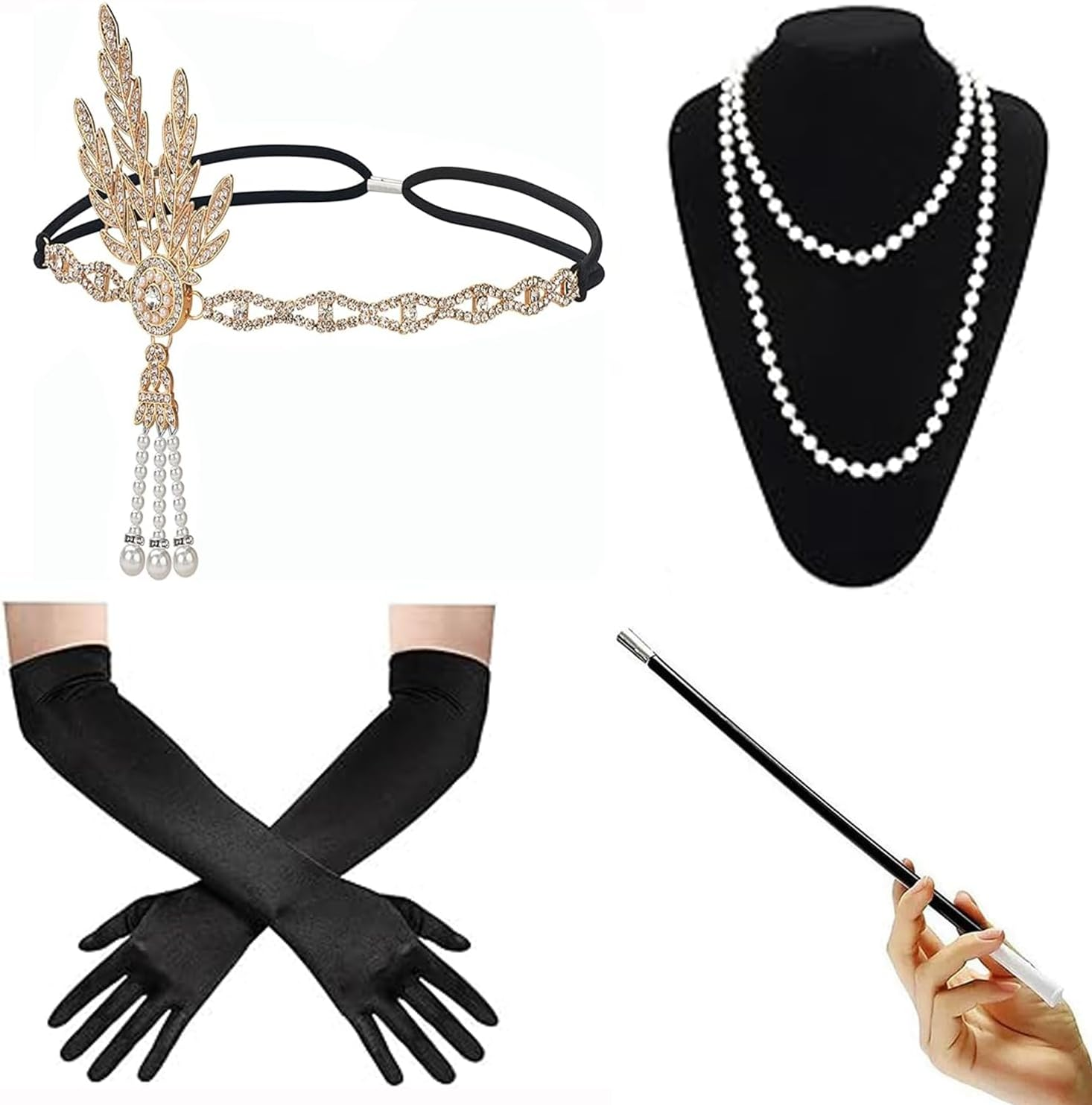 Wzenclave 1920S Gatsby Accessories Set for Women Flapper Costume 5PCS Roaring 20S Flapper Headband Pearl Necklace Gloves Plastic Holder Costume Harlem Nights Accessories Set for Women