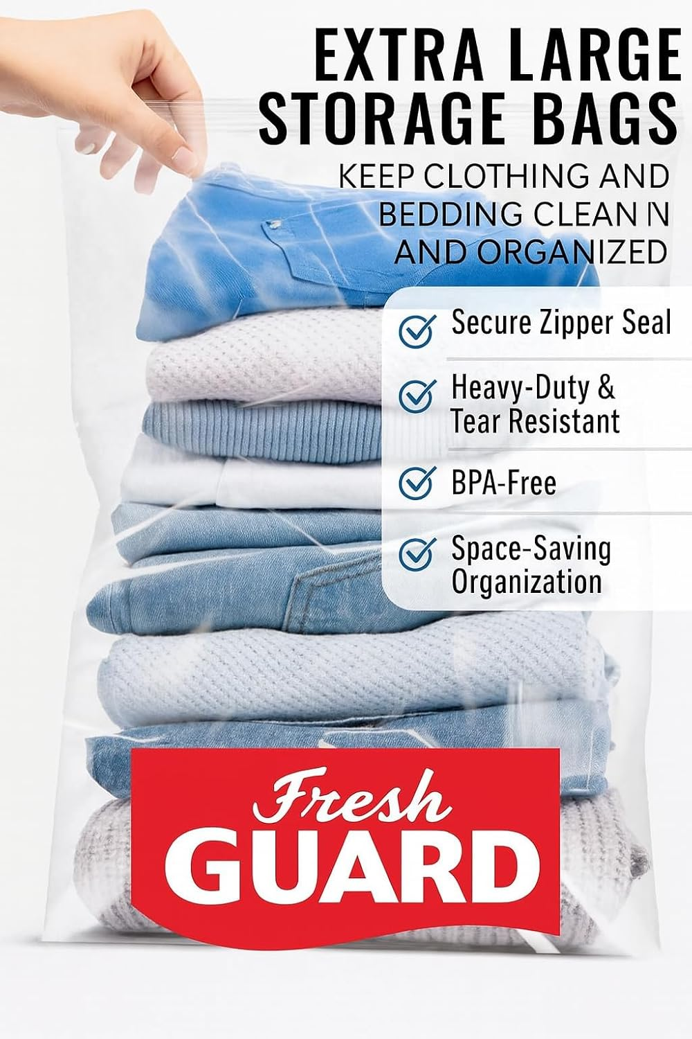 Fresh Guard Extra Large Storage Bags with Zipper &ndash; 2 Pack | Bpa-Free, Reusable, Space Saving for Clothes, Bedding, Travel | Heavy-Duty Plastic Bags 48X52Cm (18.9&rdquo;X20&rdquo;)