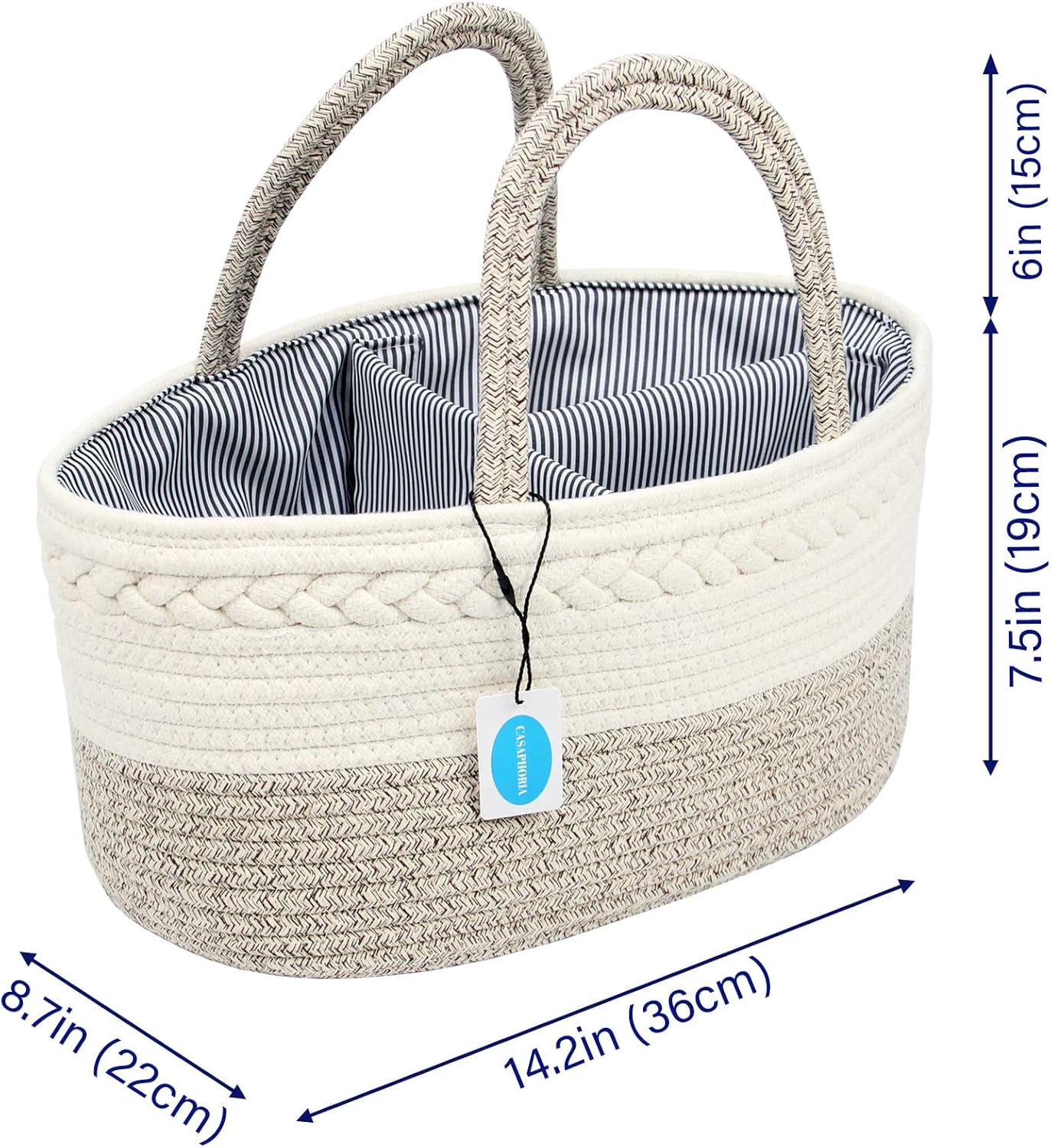 Casaphoria Caddy Organization Woven Cotton Rope Basket Storage Caddy or Gift, Soft Circular Basket with Handle, Cotton Material,Light Brown(15.5"X10"X7.5") image number 3