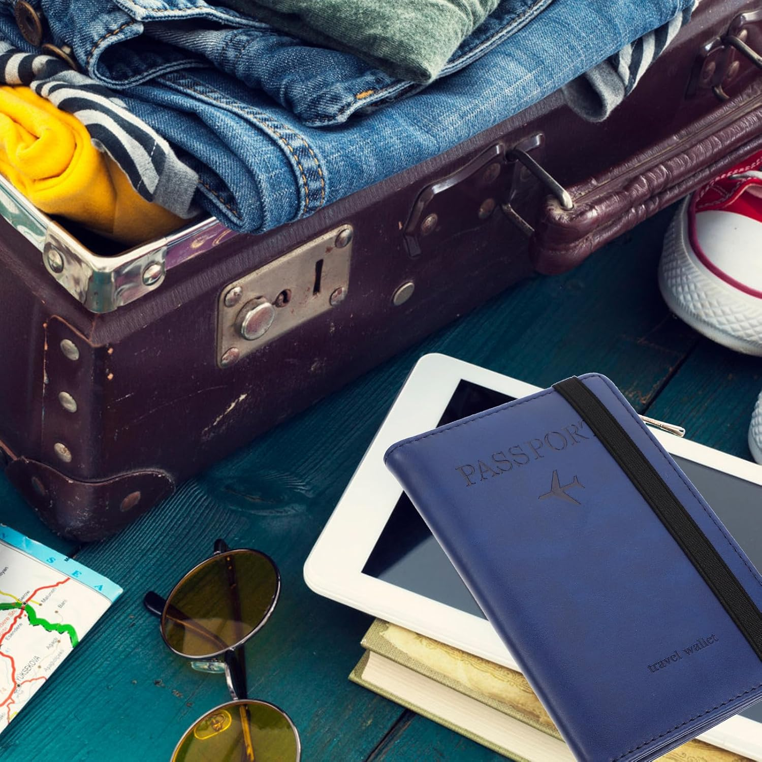 HORIALENCE Pu Passport Cover RFID Blocking Travel Document Holder Short Wallet with Card Slots Blue for Men and Women image number 4