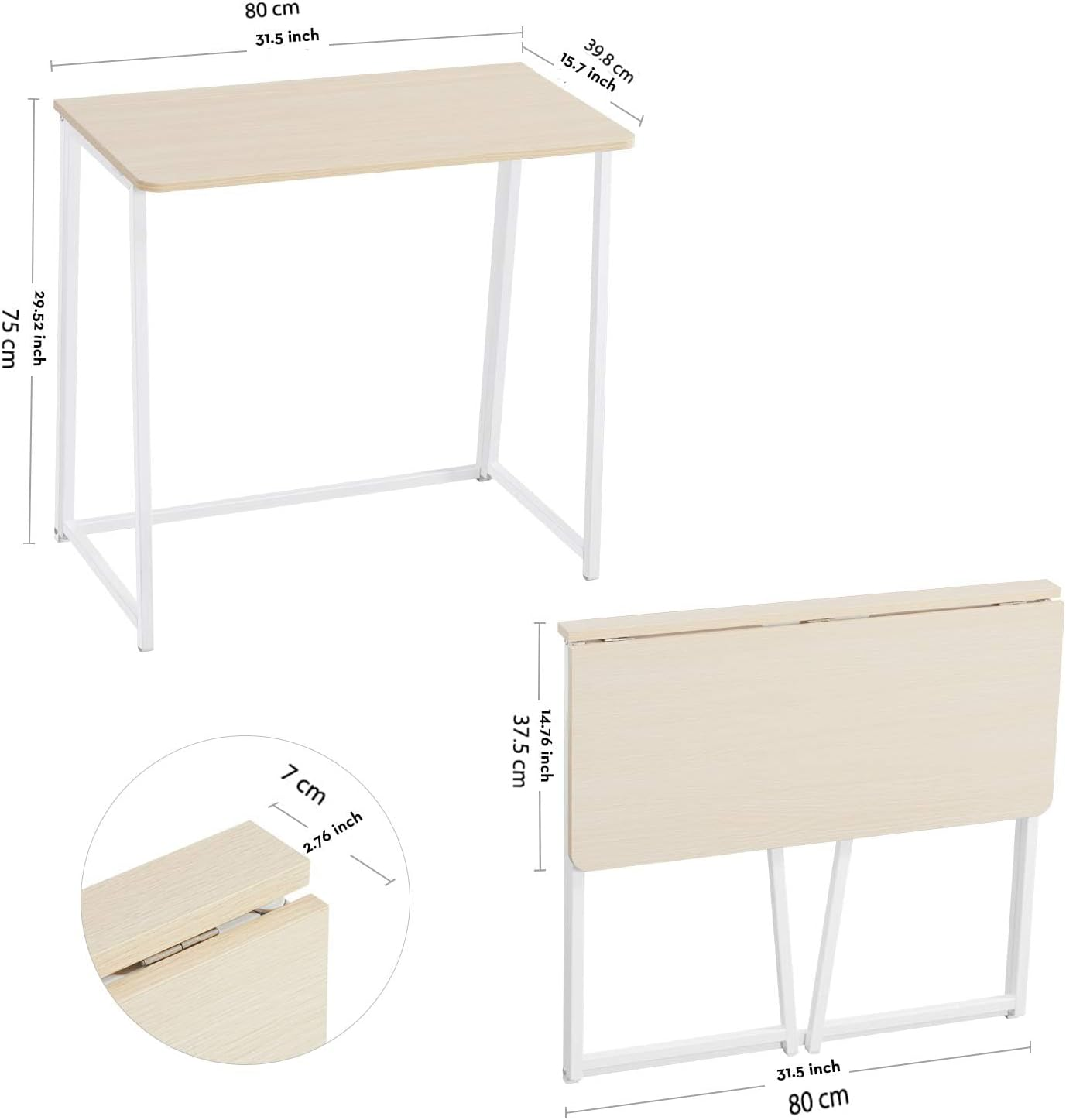 Folding Desk, Foldable Desk 80Cm for Small Spaces, Space Saving Computer Table Writing Workstation for Home Office, Easy Assembly (Oak, 80 X 40 CM) image number 2