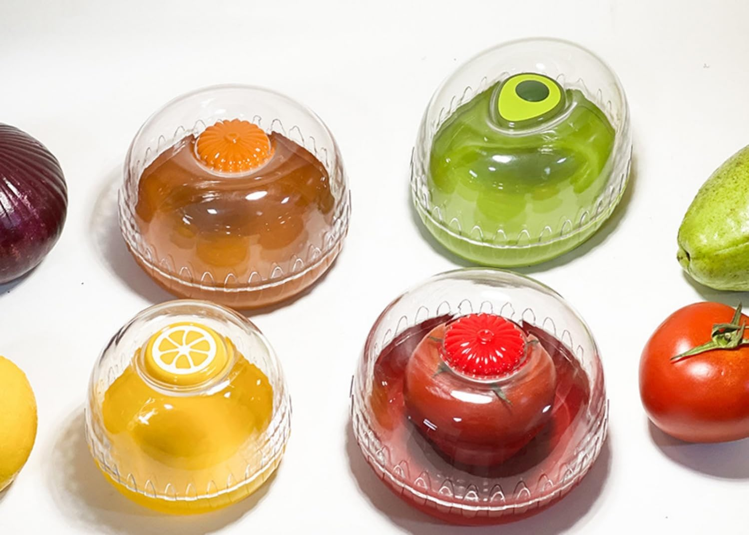 WUWFKUI Avocado Saver and Tomato Holder - Set of 4 Reusable Storage Containers for Fridge - Ideal for Apples, Garlic, Onions, Tomato, Lemons