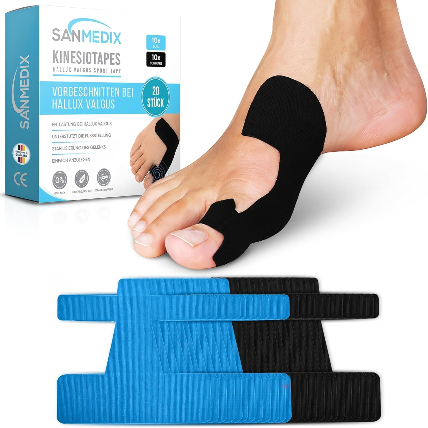 Hallux Valgus Kinesiology Tape - 20 Pre-Cut Sports & Physio Tapes for Toe and Foot - Precut Kinesiology Tape for Bunions, Skin Friendly and Latex-Free (Black + Blue, Pack of 20) image number 2