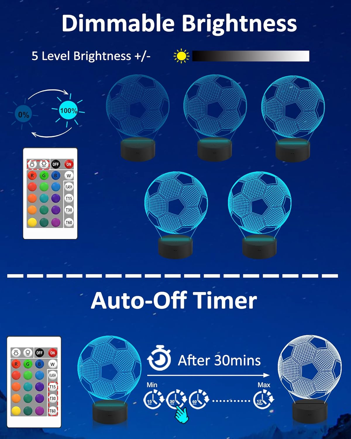 FULLOSUN Soccer Kids Night Light, 3D Football Optical Illusion Lamp Timer & Remote Control with 16 Color Changing Great Bedroom Decoration for Sports Fan Toddler Men Friends image number 6