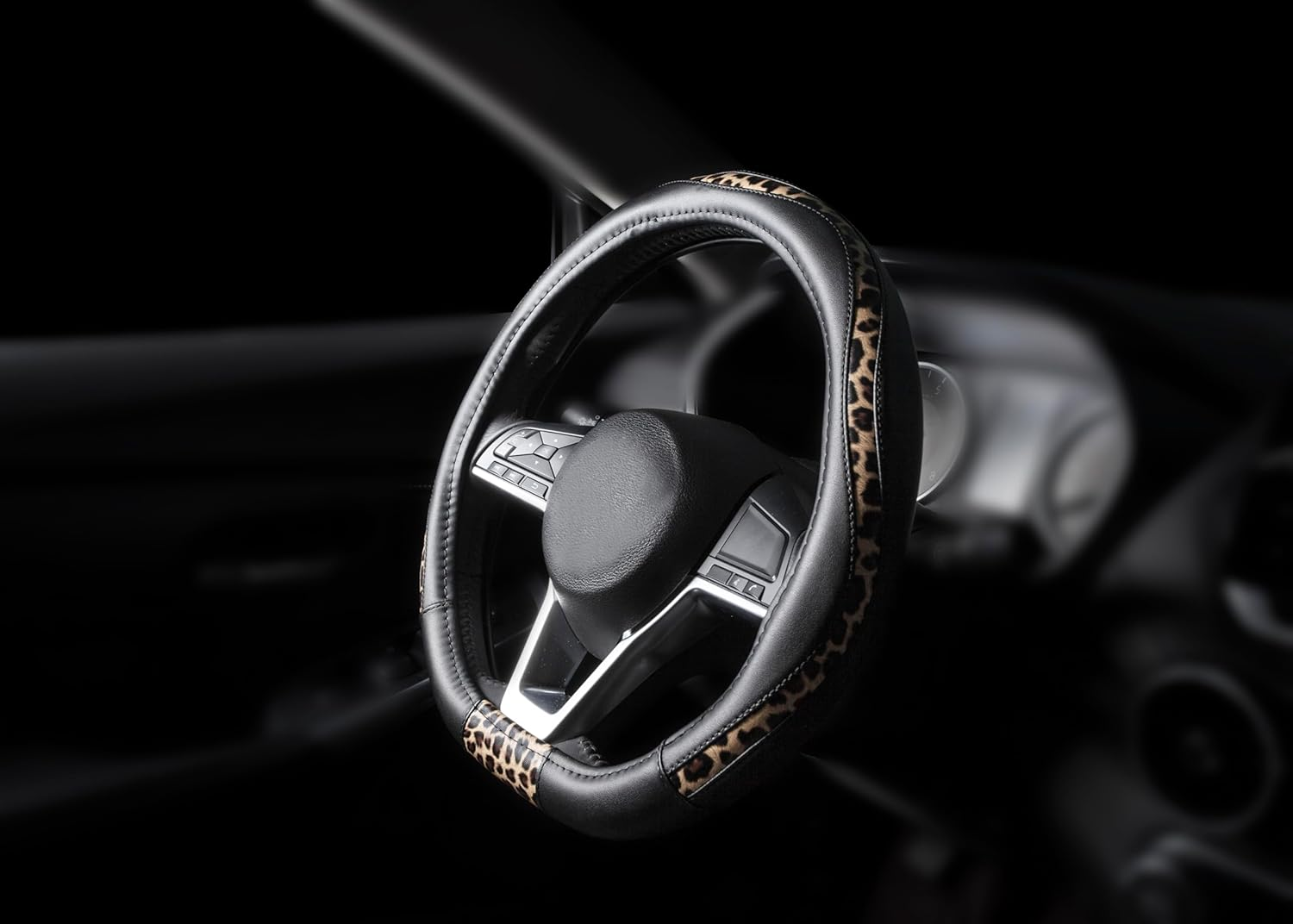 Road Comforts D-Type Steering Wheel Cover - Made with PVC Leather and Leopard Fabric - Universal Fit for 15-Inch D-Shaped Automotive Steering Wheels (Black Color)