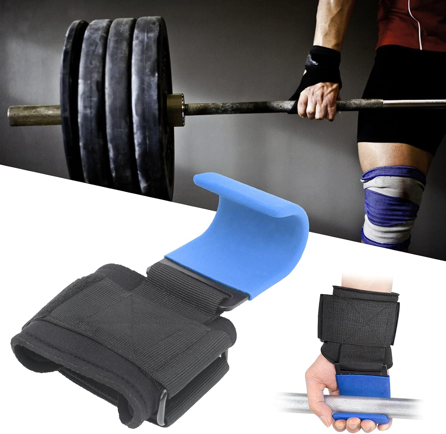 Weight Lifting Strap with Hook, Heavy Duty Wrist Straps Wrist Guard Weightlifting Support Hook Weightlifting Pull up Hook Adjustable (Blue Row Hook) image number 1