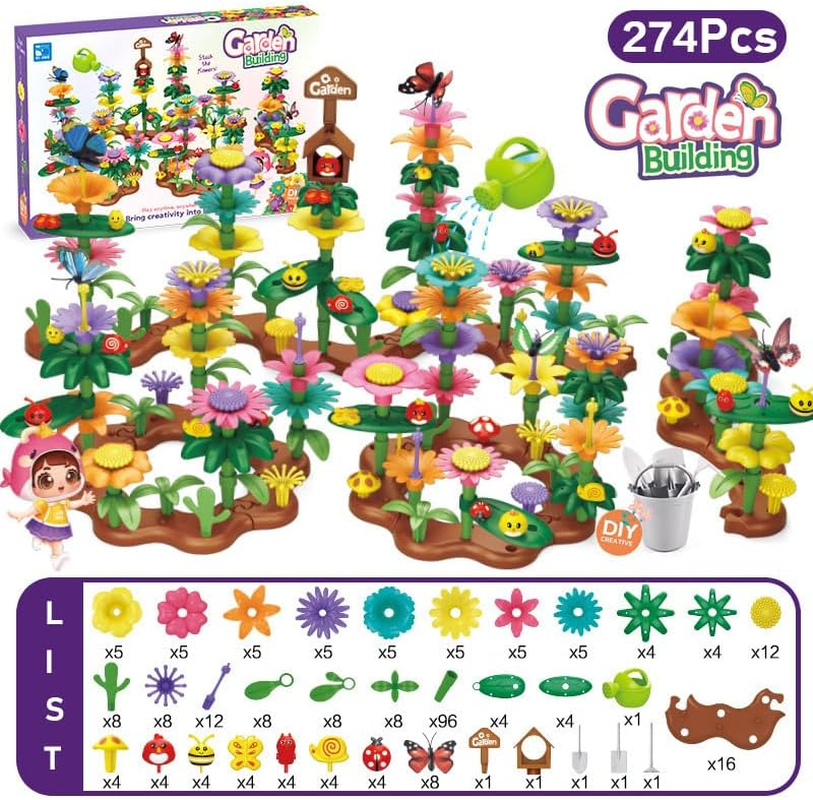 Flower Garden Building Toys for Girls Age 3 4 5 6 7 Year Old, STEM Gardening Pretend Toys for Kids, DIY Building Blocks Stacking Game for Toddlers Play Set, Educational Activity for Preschool (274Pcs)