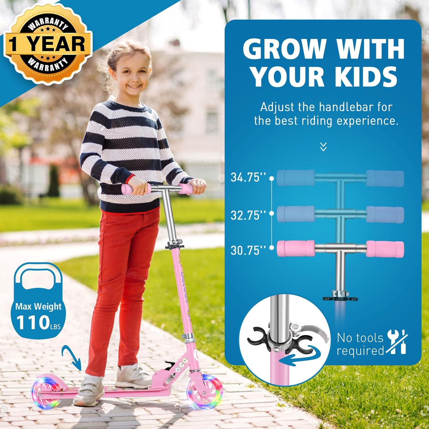 BELEEV V1 Scooters for Kids, 2 Wheel Folding Kick Scooter for Girls Boys, 3 Adjustable Height, Light up Wheels, Lightweight Scooter with Sturdy Frame, Kickstand for Children 3 to 12 Years Old image number 6