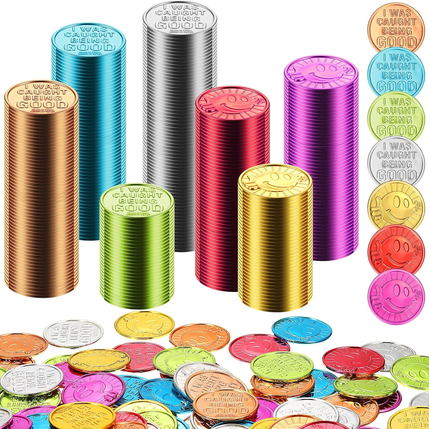 Jerify 500 Pcs Behavior Tokens for Kids Plastic Coins I Was Caught Being Good Incentive Fake Kindness Coins Colored Behavior Coin Pretend Coin for Kids Reward Party Play Counting (Smile Face) image number 2