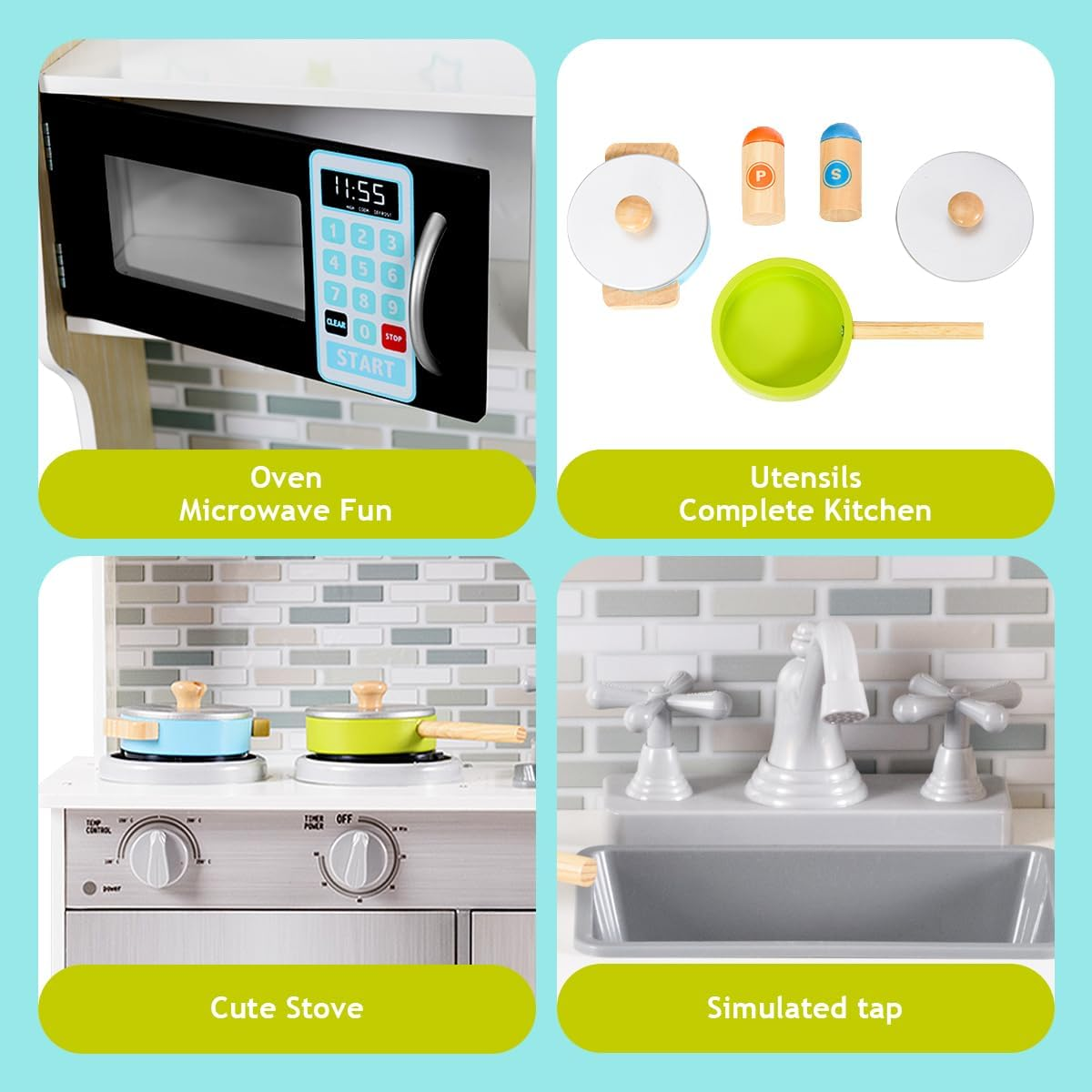 HONEY JOY Kids Kitchen Playset, Pretend Chef Cooking Play Set for Children with Microwave, Pan, Sink, Storage Cabinet, Stove, Cookware Accessories Kitchen Play Toy Set for Boys Girls (Silver) image number 6