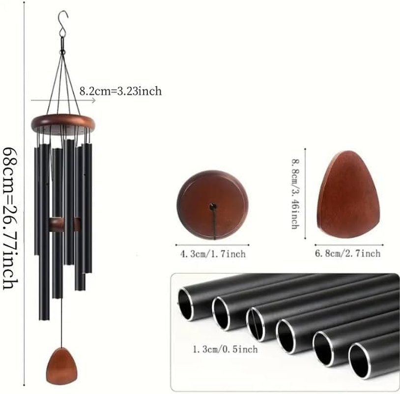 Wind Chimes with 6 Tuned Tubes & Pendant, Large Sympathy Wind-Chime, Classic Memorial Wind Chime for Outdoor Indoor Personalized Decor, Smooth Melodic Wind Chime for Garden Patio Balcony Home (Black) - Silver image number 7
