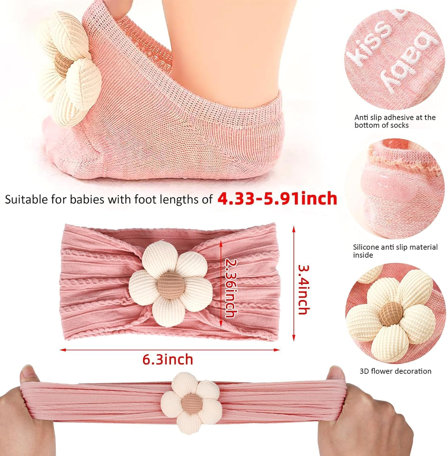Baby Girl Headbands and Socks,Non-Slip Grips Socks Flower Soft Hairbands Hair Accessories for Infant Toddler Kids (US, Age, 6 Months, 12 Months, Pink Beige)