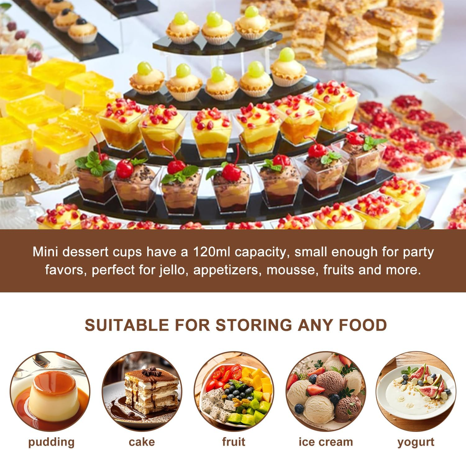 50 X 105Ml Dessert Cups with Spoons, Reusable Mini Clear Plastic Cups, Plastic Square Cup, Clear Dessert Shooter Cups BPA Free, for Appetizer, Puddings, Mousse, Yogurt and Ice Cream image number 3