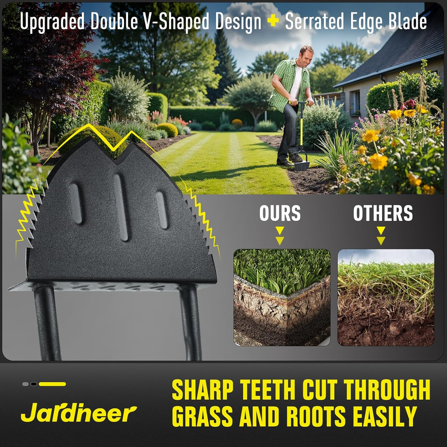 Jardineer Edger Lawn Tool Long Handle, Upgraded Manual Grass Edger with Double V-Shaped Serrated Edge Blade and Wide Footplate, Edgers for Landscaping Yard Maintenance
