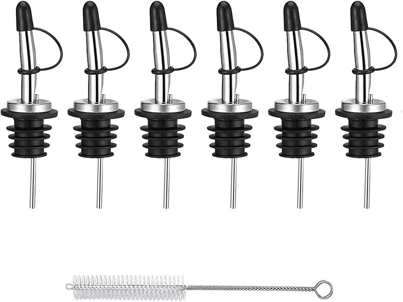 Wine Bottle Pourer 6 Piece Stainless Steel Wine Bottle Pourer with Rubber Dust Cap Conical Spout, Quick Pourer Olive Oil Bottle Conical Spout Pourer, Classic Bar Accessories Wineware Parts (With Cleaning Brush and Folding Funnel)