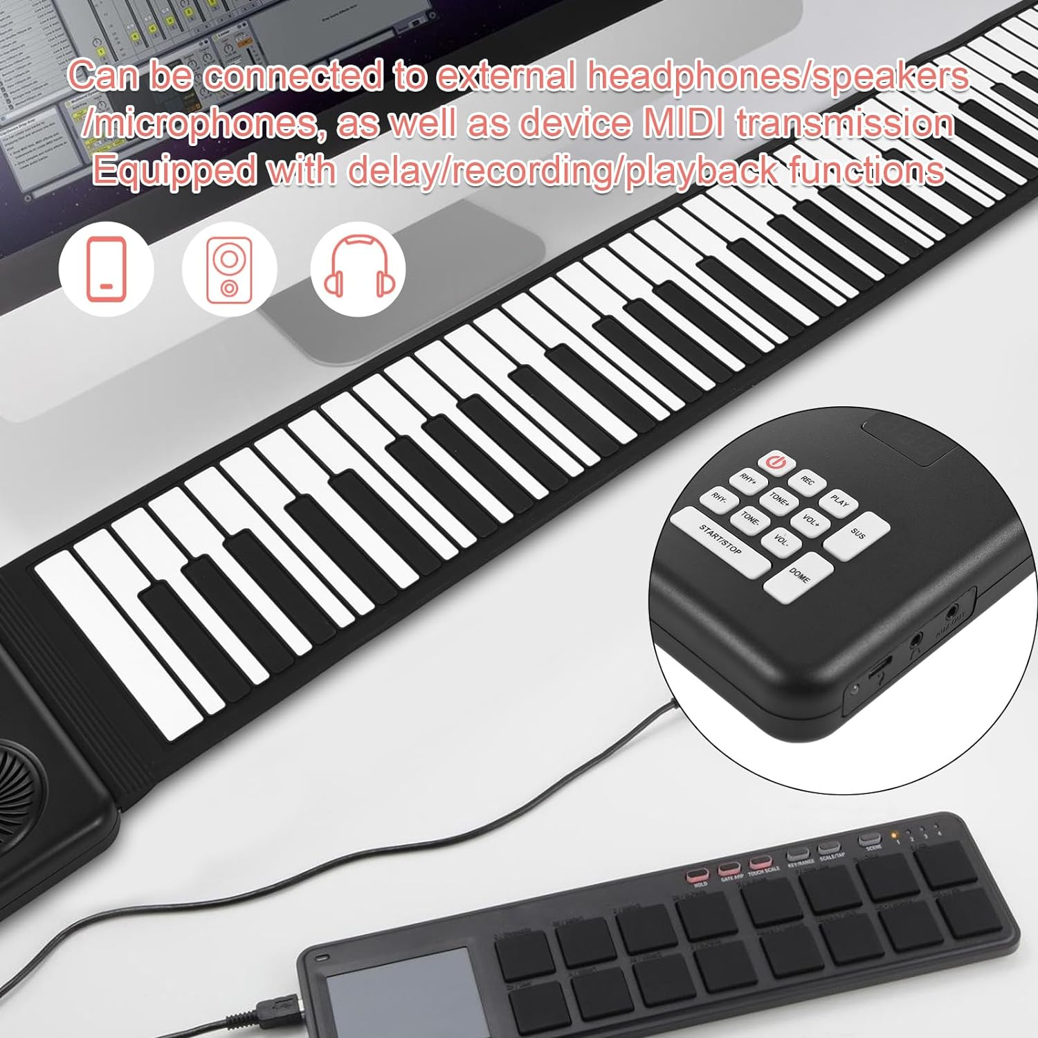 88 Key Portable Piano Handroll Electronic Piano Environmental Silicone Foldable Piano Home Practice Electronic Piano without Speaker for Travel Beginners image number 4