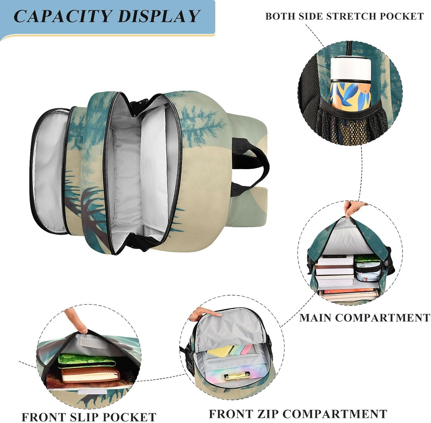 AIXIWAWA Kid'S Travel Backpacks Big Moon Moose Print for Boys Girls，Large Capacity Student School Bag with Reflective Stripe for Age 6 Above image number 5