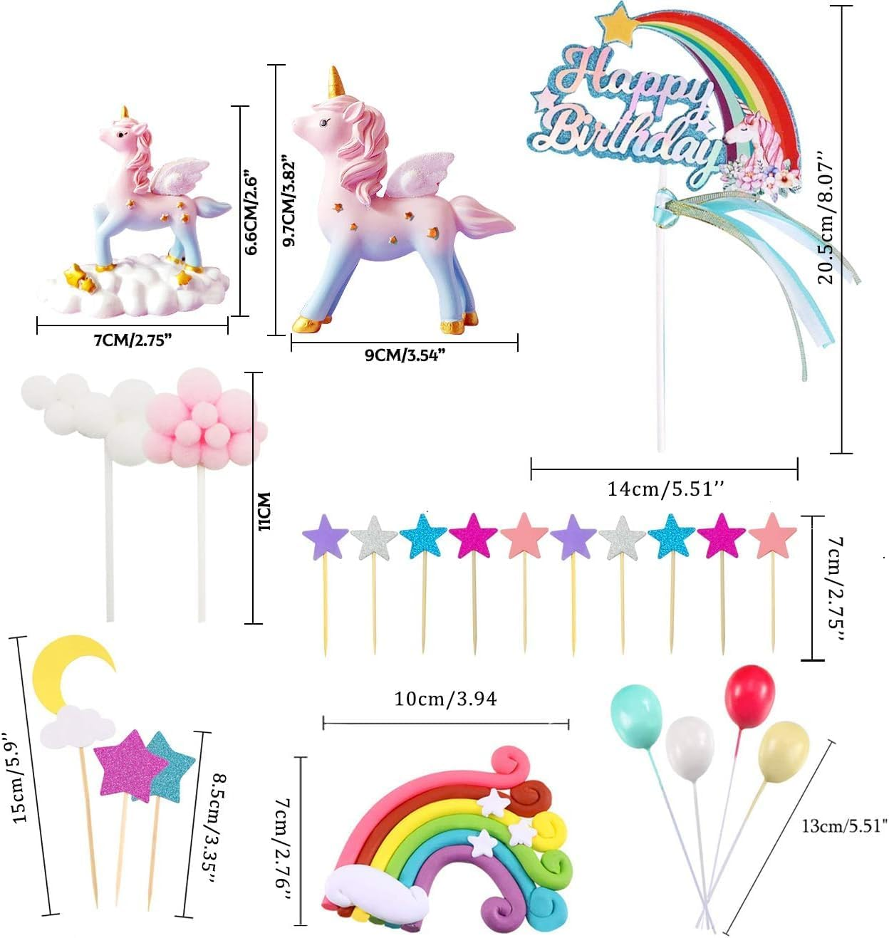 23Pcs Unicorn Cake Topper Kit, 2 Magic Unicorns Sculpture, 1 Rainbow, 1 Happy Birthday Banner, 2 Cloud, 4 Balloon, 12 Stars 1 Moon Happy Birthday Cake Decoration for Boy Girl Kid Women Birthday Party image number 5