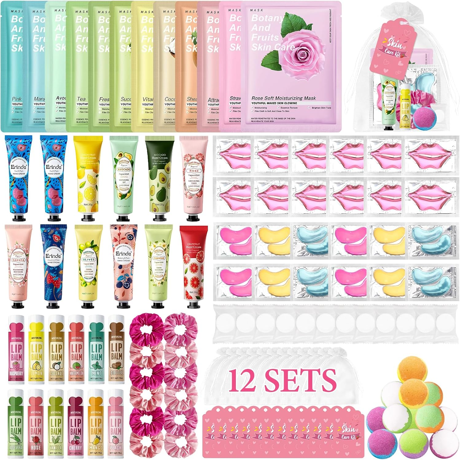 Erinde 60 PCS Spa Party Supplies for Girls, Spa Party Favors Include Face Masks Skincare, Hand Cream, Lip Balm, under Eye Patches, Lip Mask, Foot Bath Bombs, Bulk Birthday Sleepover Party Supplies