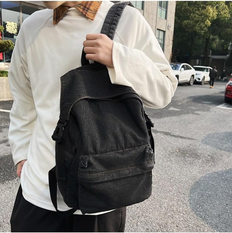 Generic Classic Retro Denim Backpack Aesthetic Shoulder Bag Lightweight Daypack Casual Jeans Backpack for College - Black image number 1